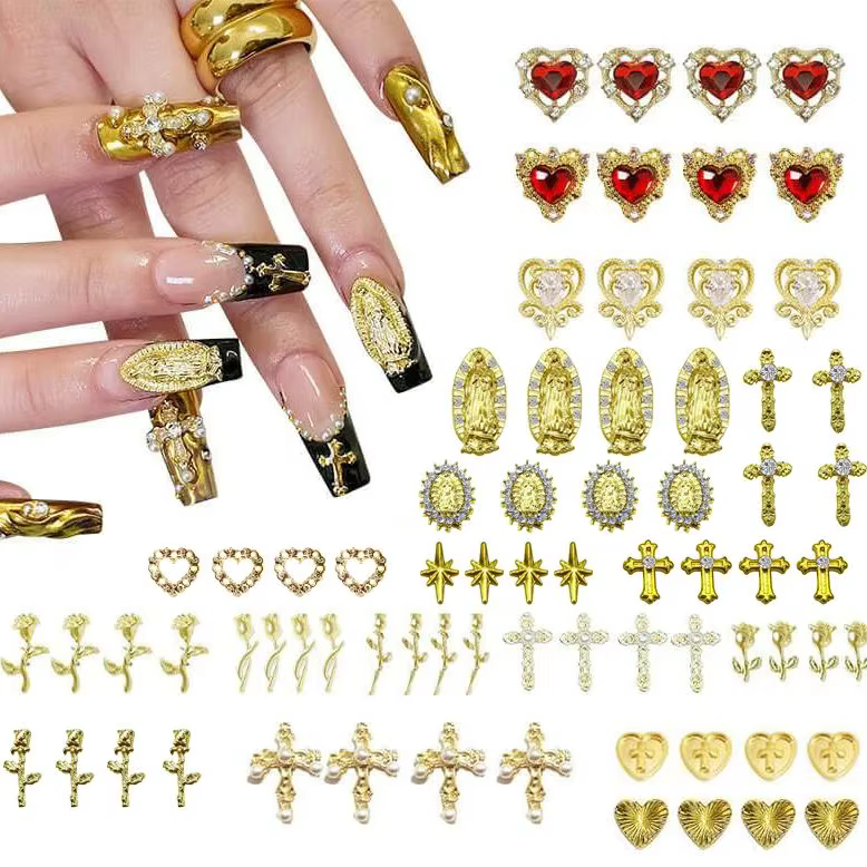 Ensemble de breloques pour ongles en or, 72 pièces, avec croix dorée, cœurs, roses et vierge marie,