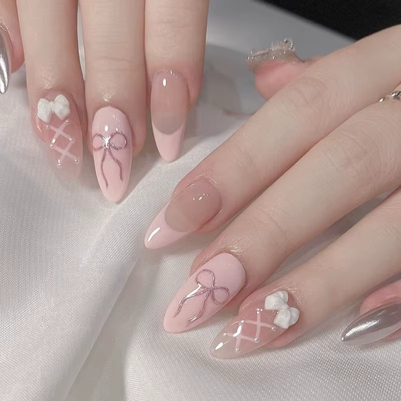 24 pièces doux oeil de chat français presse sur ongles diamant pointu tridimensionnel nœud papillon 