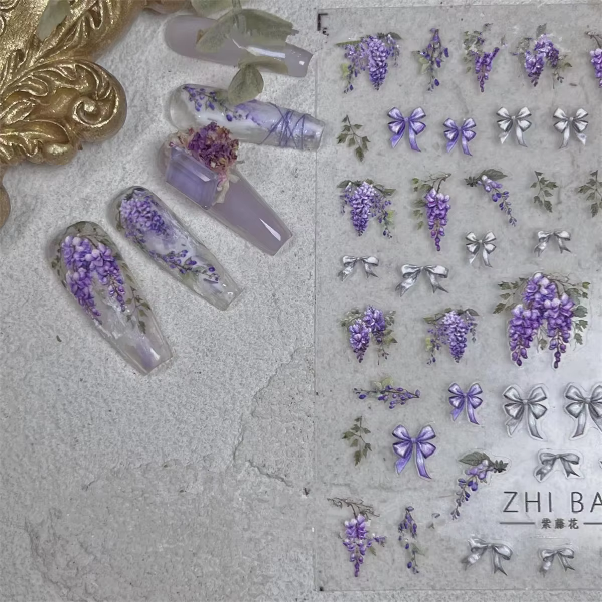 Autocollants 5D de fleurs de glycine violette pour nail art, 1 pièce, adhésif de transfert, décorati