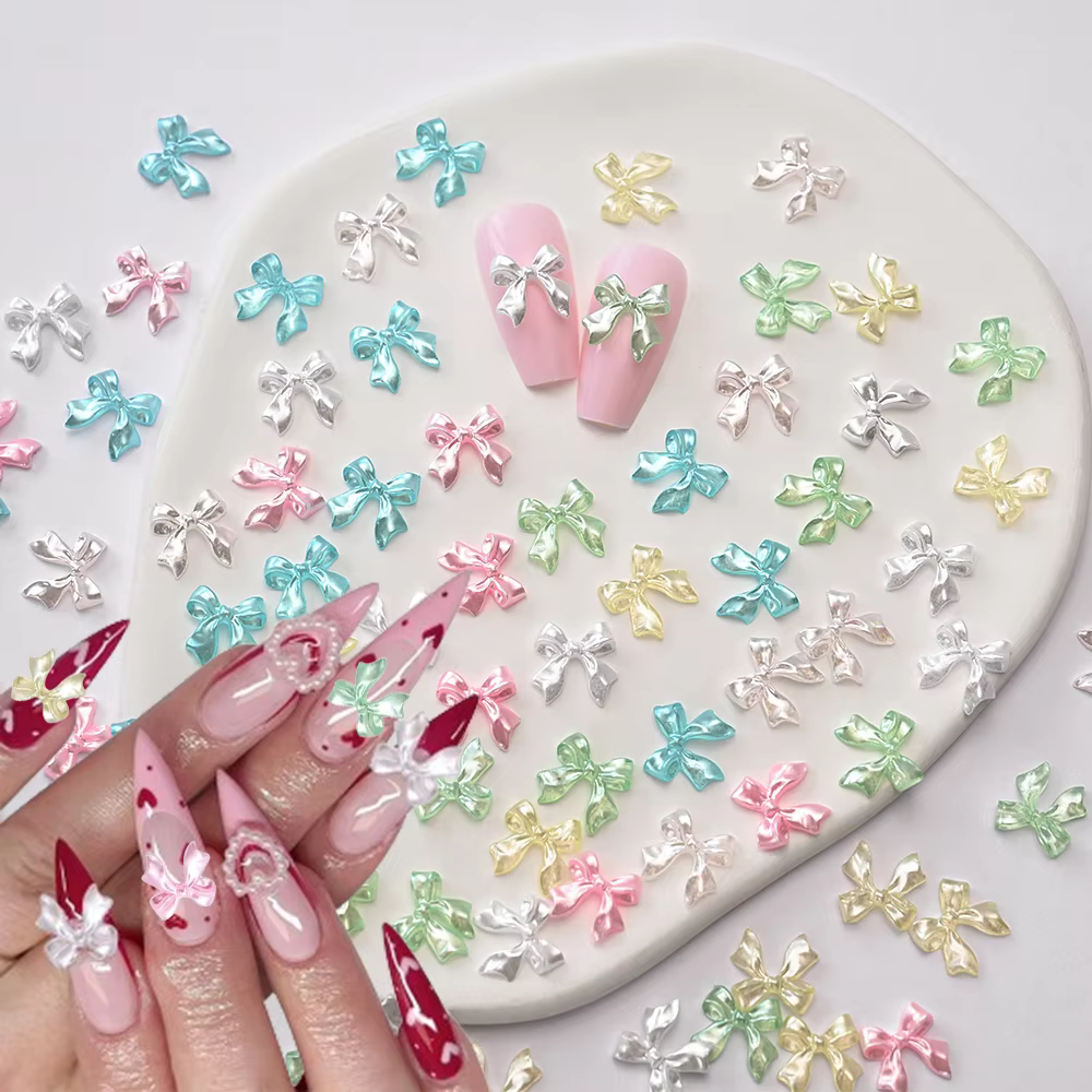 Breloques pour ongles en ruban nacré rose 3D, 100 pièces, nœud papillon en résine Kawaii, décoration
