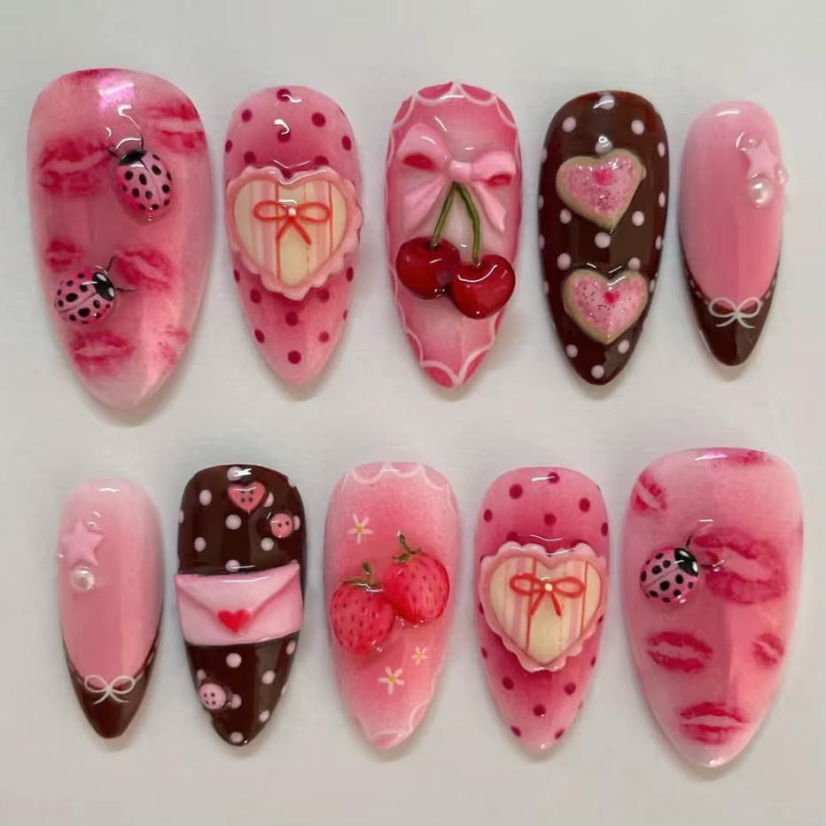 24 pièces lettre douce presse sur ongles mignon cerise nœuds papillon coccinelle fraise décor faux o