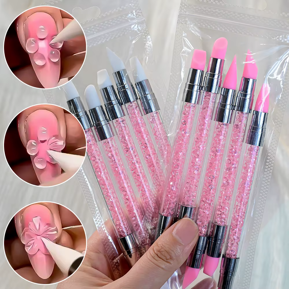 Stylo de sculpture en silicone pour nail art, biscuits rose fini, fleur 3D carimplantée, outil de po