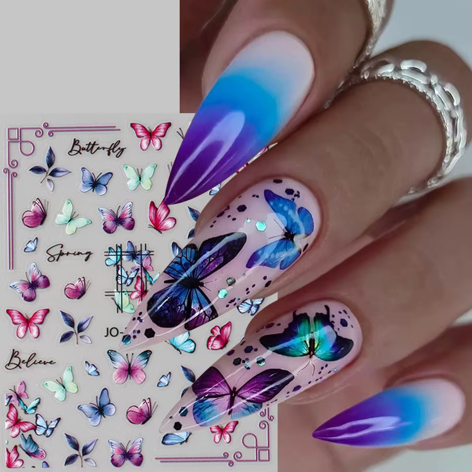10 pièces coloré printemps été papillon Nail Art autocollants brillant multicolore papillon fleurs a