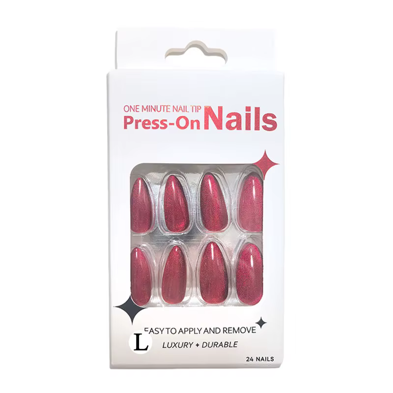10 pcs Presse à la main sur les ongles-Amande-Rubis Cat Eye