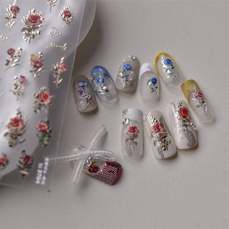 Autocollants pour ongles japonais Vintage, fleur de Rose rouge et bleue, Laser or argent, décalcoman
