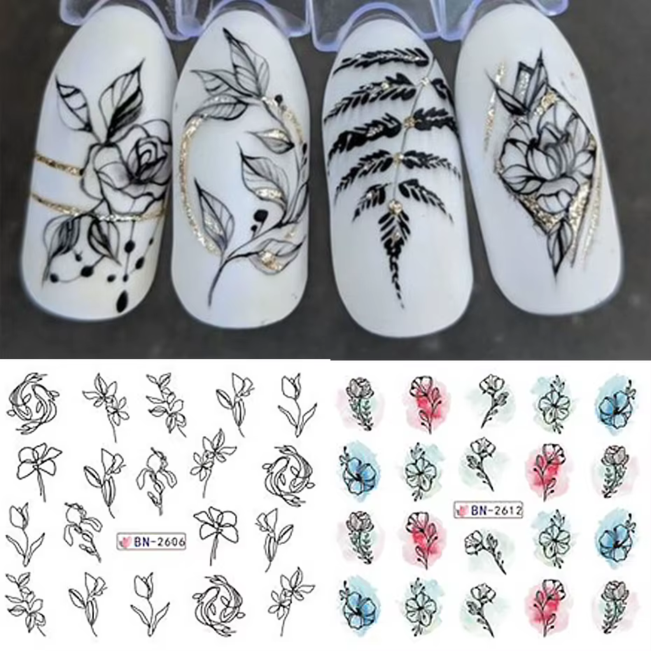 Autocollant de fleurs d'encre pour Nail Art, 12 pièces, décalcomanie d'eau d'été, fleurs en fleurs, 