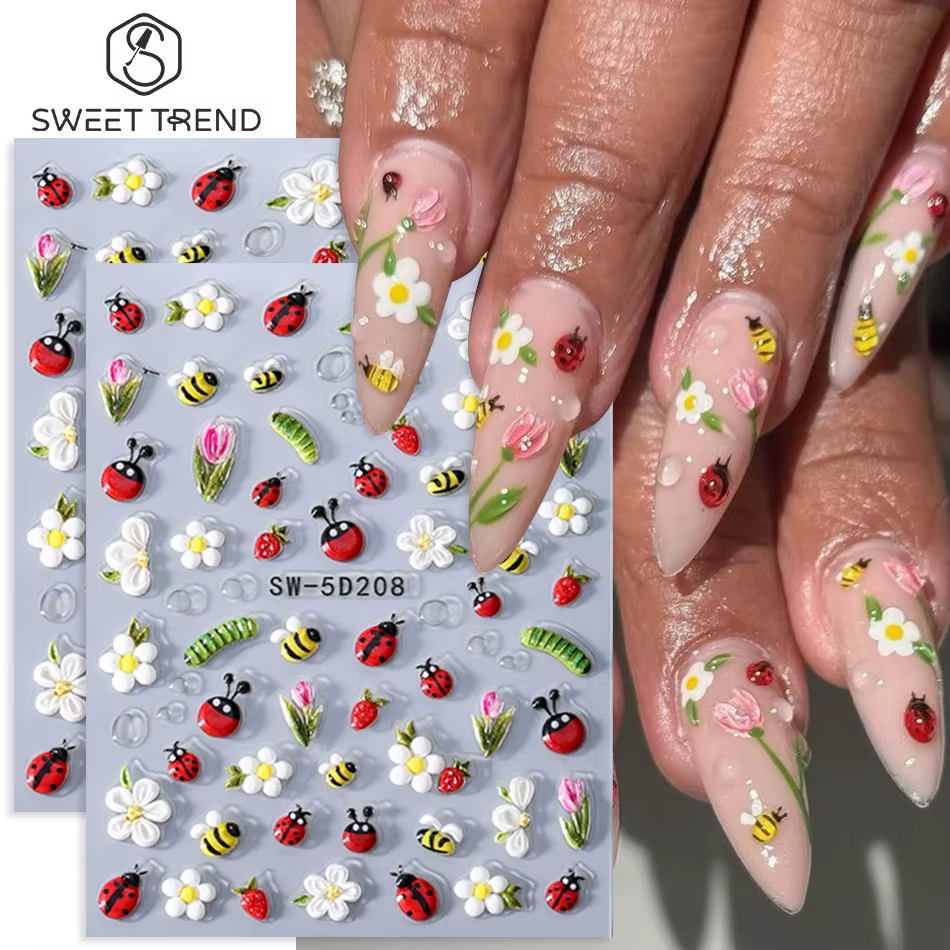 Autocollants pour ongles en relief, 1/2 pièces, motifs floraux printemps-été, abeille, coccinelle, i