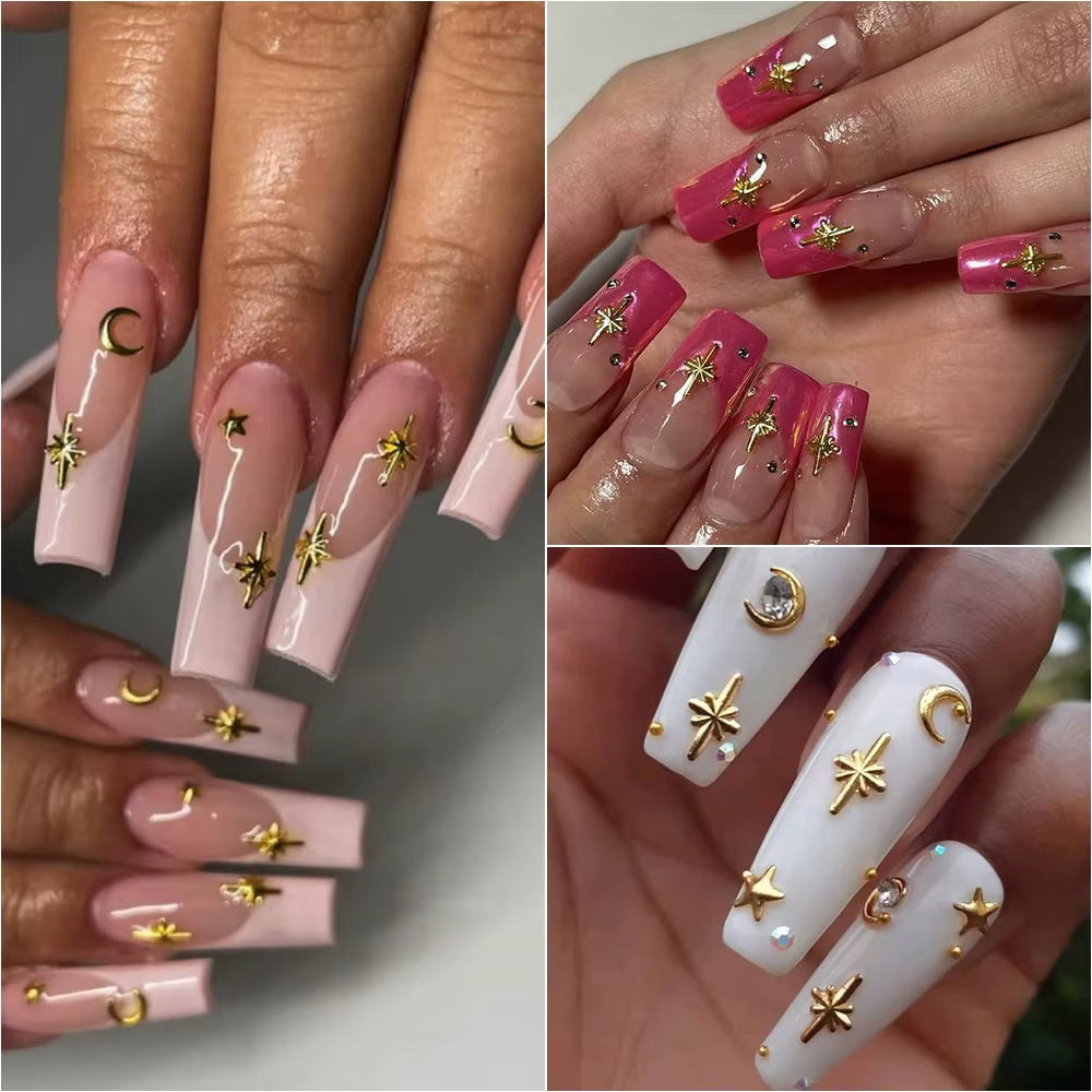 Breloques étoiles métalliques 3D pour Nail Art, 12 grilles, or/argent, Starlight, croix, Rivets, déc