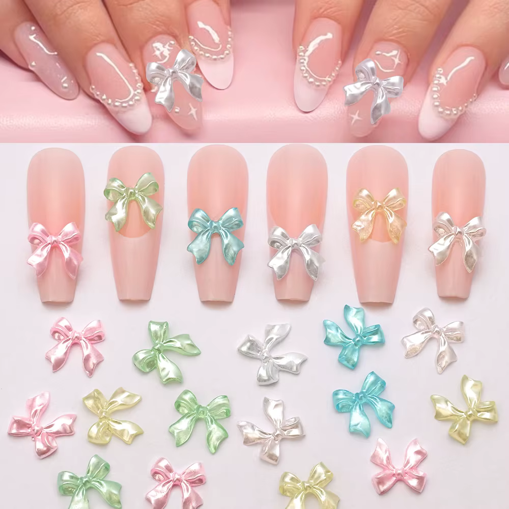 Breloques pour ongles en ruban nacré rose 3D, 100 pièces, nœud papillon en résine Kawaii, décoration