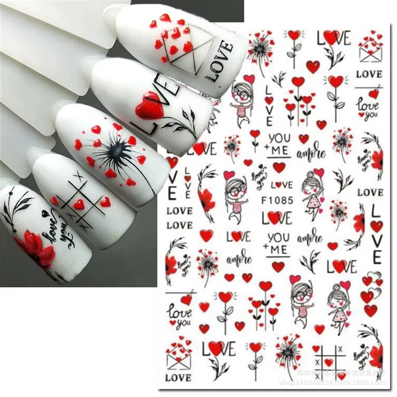 Autocollants 3d pour Nail Art, lettres d'amour rouges pour la saint-valentin, cœurs, pissenlits, fle