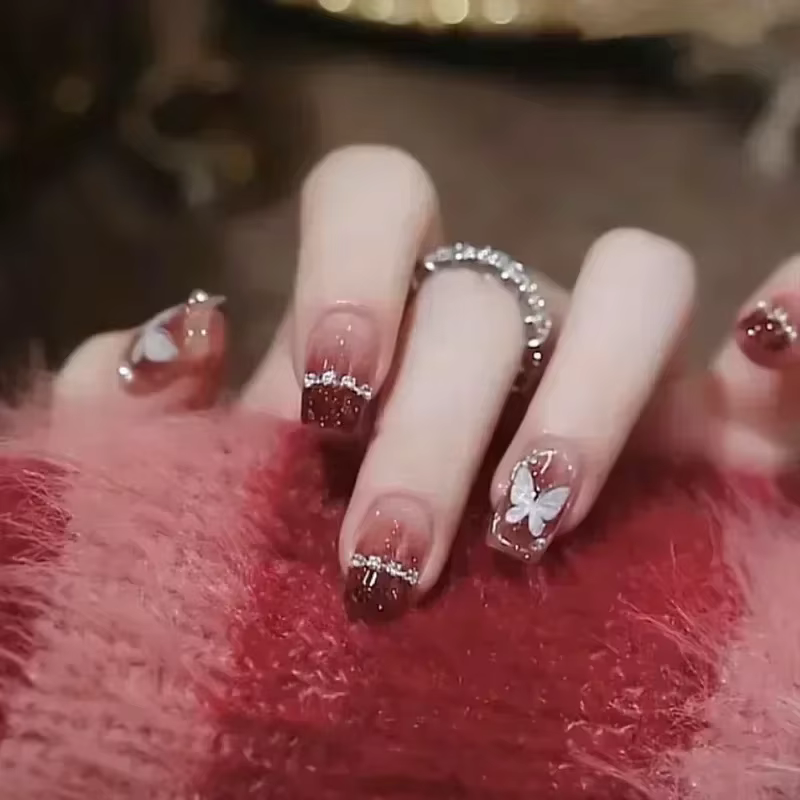 Faux ongles de Ballet rouge, 24 pièces, papillon, paillettes courtes avec strass, Design français, c