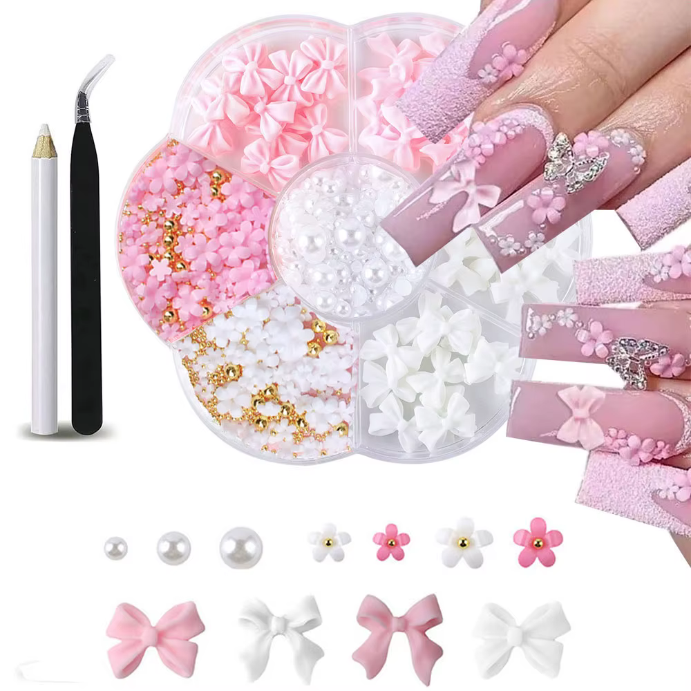Kit de décorations pour ongles avec nœud floral 3D, 1 boîte, rose/blanc, acrylique Floral/perles de 