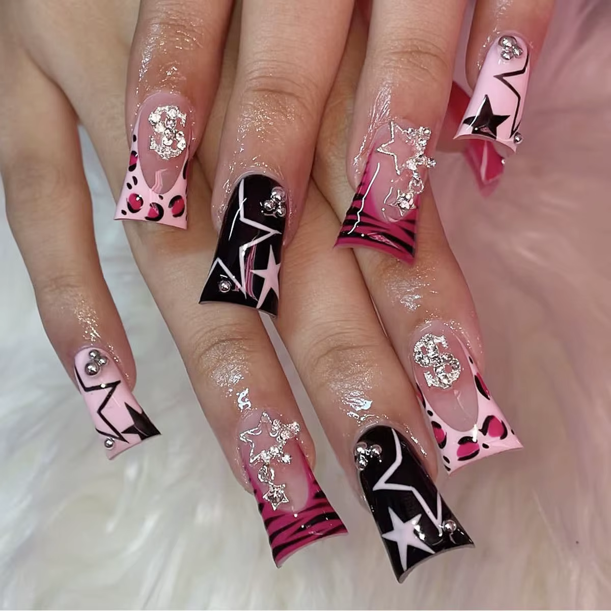 Faux ongles français léopard en bec de canard y2k, à pression, portables, Punk, avec boule, diamant,