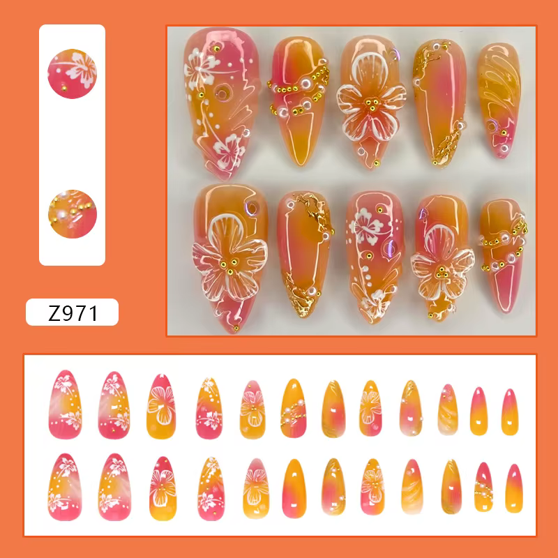24 pièces fleur blanche faux ongles conseils Ins jaune rose Blush faux ongles portable couverture co