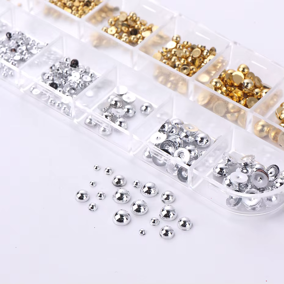 12 grilles de couleurs mélangées or argent plat demi-rond perle ongles pièces Flatback ornement 3D m
