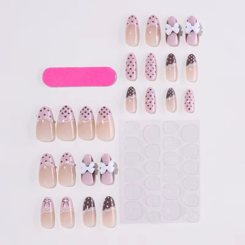 24 faux ongles en gel press-on rose doux, à pois bruns, nœud papillon blanc 3D, pour femmes et fille