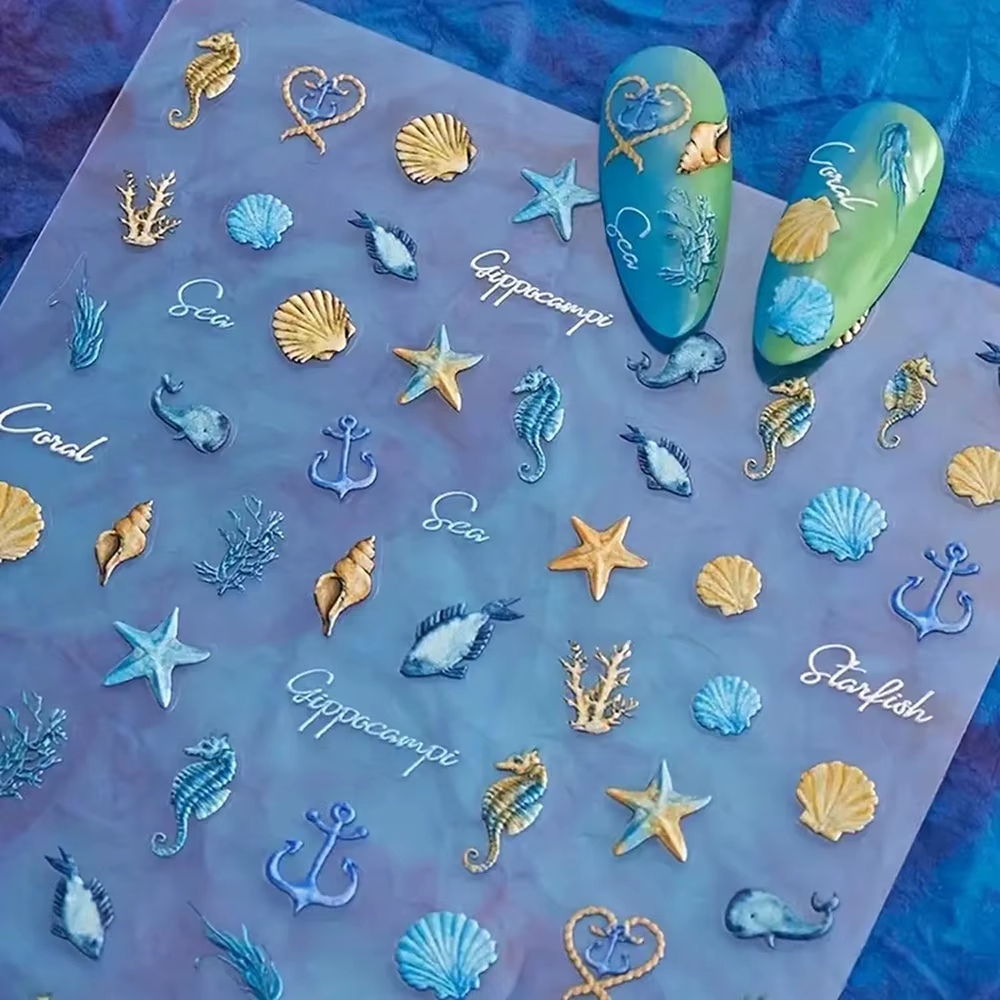 Autocollants 5D pour les ongles, décalcomanies pour manucure, motifs océan, été, étoile de mer, coqu