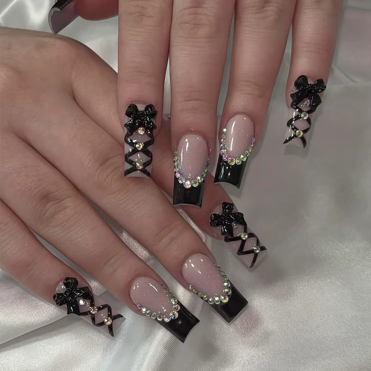 Faux ongles longs à pression pour Ballet, 24 pièces, sangle croisée noire, Style français, avec nœud