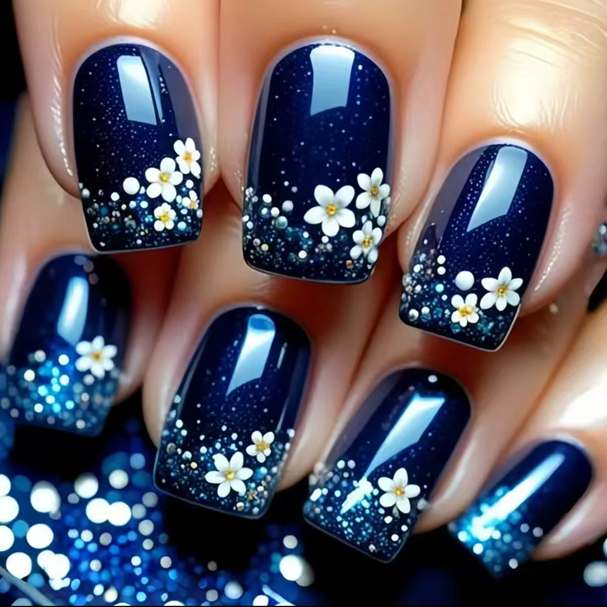 Faux ongles courts carrés moyens pour femmes et filles, couleur bleu foncé avec fleurs, pour le prin