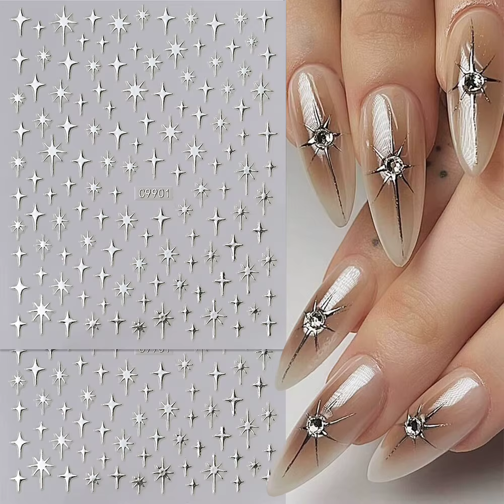 Autocollants pour ongles étoiles Laser 3D, 6 couleurs, miroir métallique doré argenté, décalcomanies