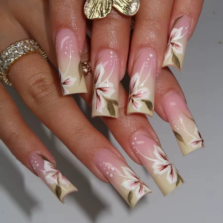 Faux ongles de Style français rose, fleur blanche imprimée, tête carrée courte, à pression, simples,