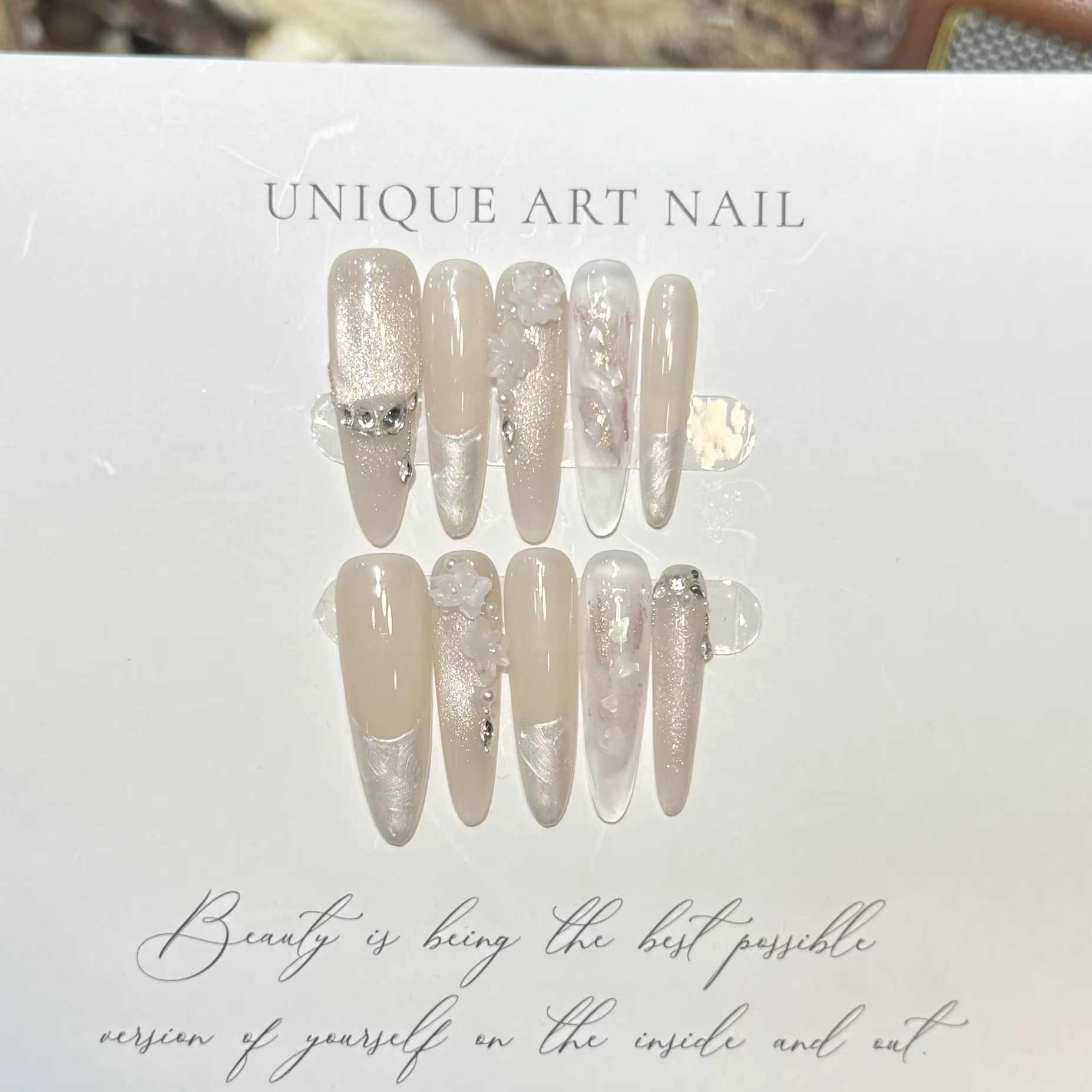 Presse sur les ongles 10 pièces violet fantaisie manucure française avec feuille irisée paillettes o