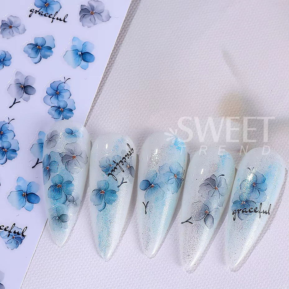 Autocollants pour ongles, 12 pièces, géométrie 3D, feuille de fleur, encre d'été, fleurs en fleurs, 