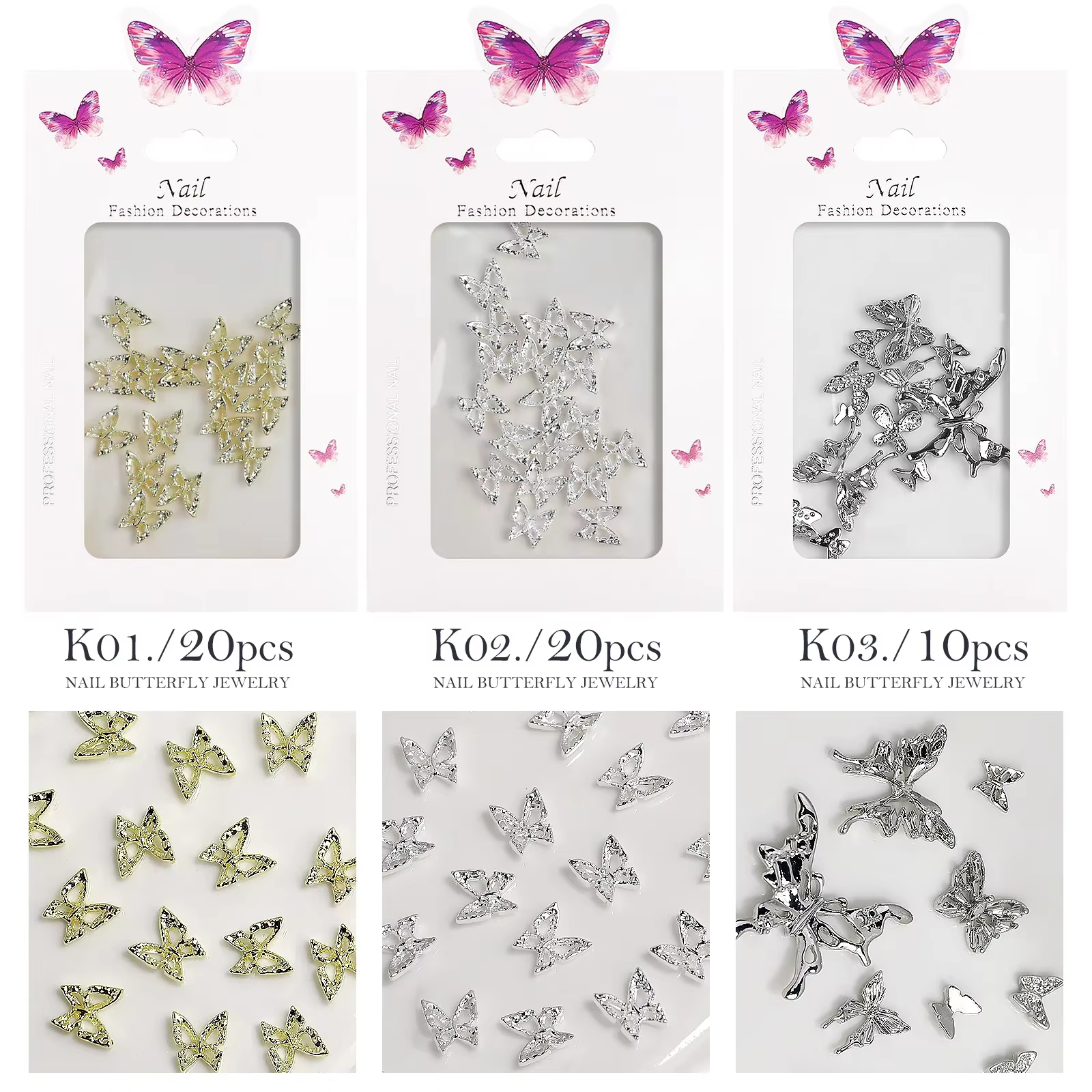Strass papillon en alliage pour ongles, 20 pièces, stéréoscopique 3D, Nail Art de luxe, accessoires