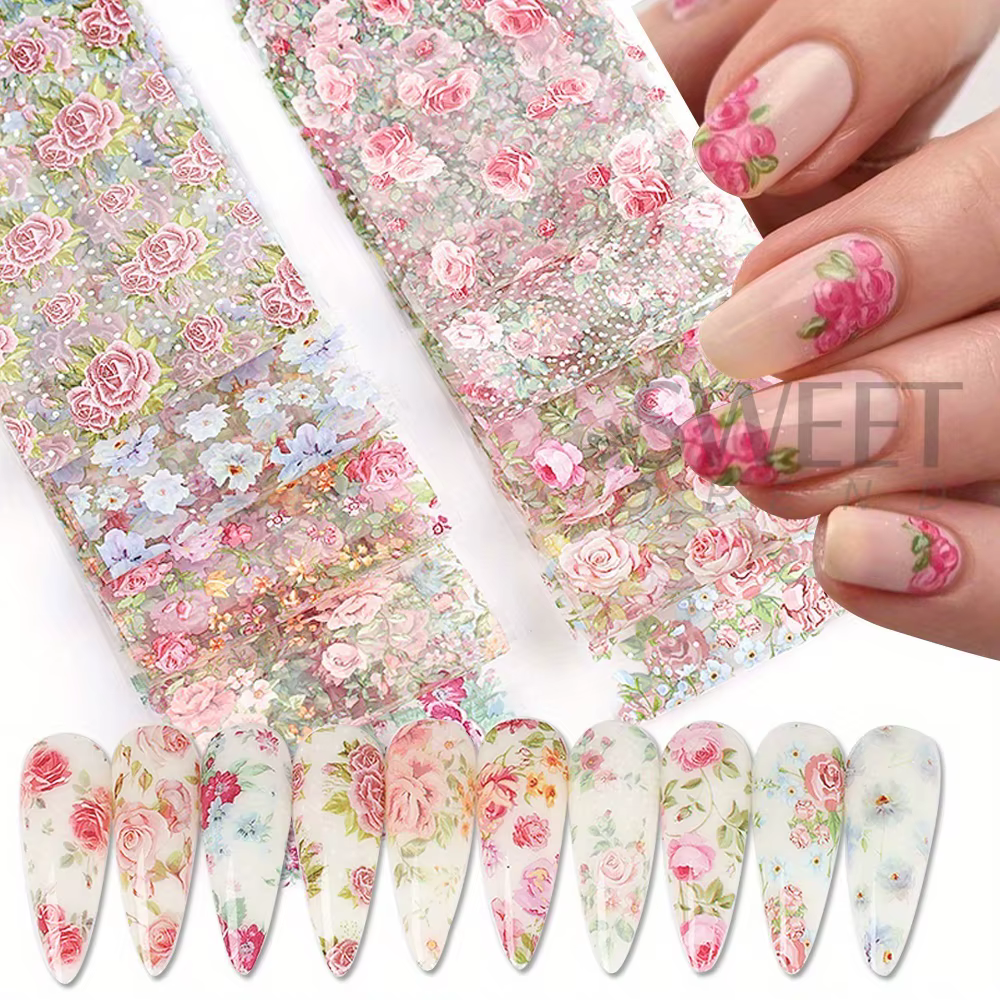Ensemble d'autocollants de transfert pour Nail Art, 10 pièces, feuilles mixtes, motifs de fleurs de