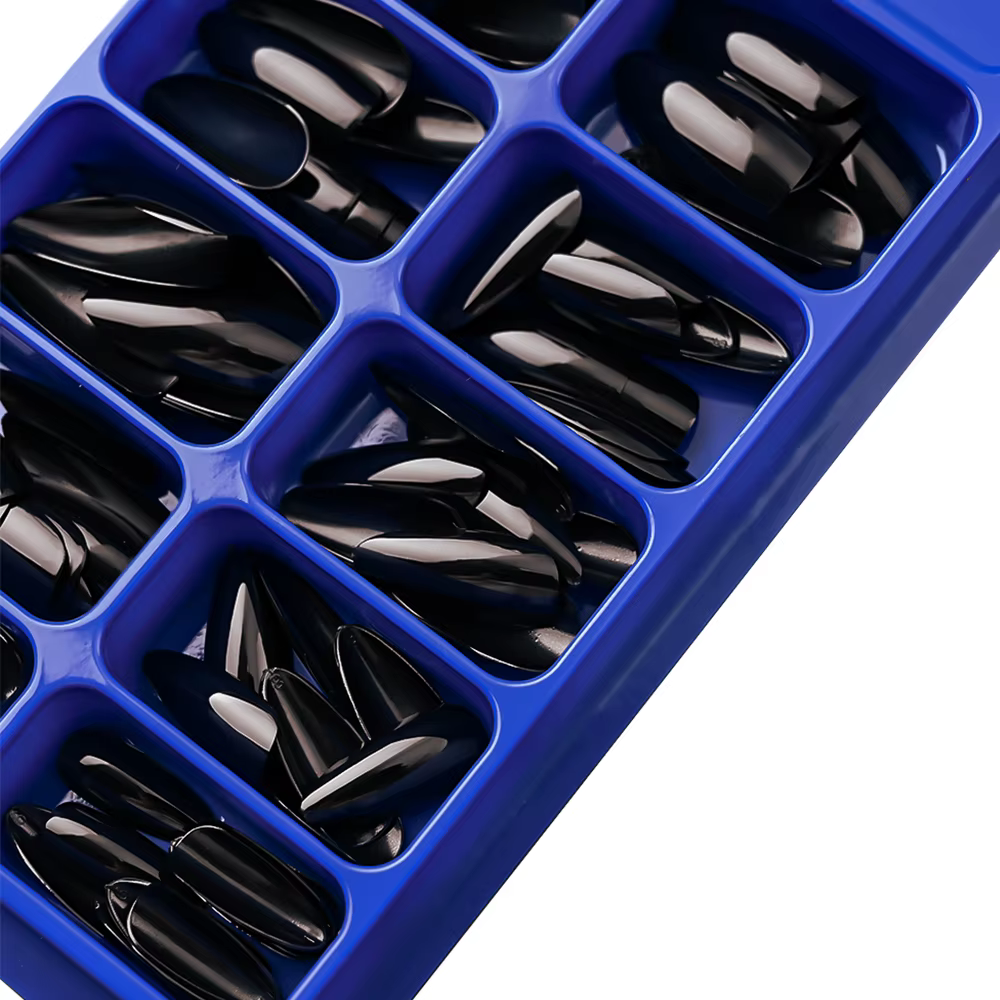 100 faux ongles noirs en acrylique, forme amande, à presser, réutilisables, style français, couvranc