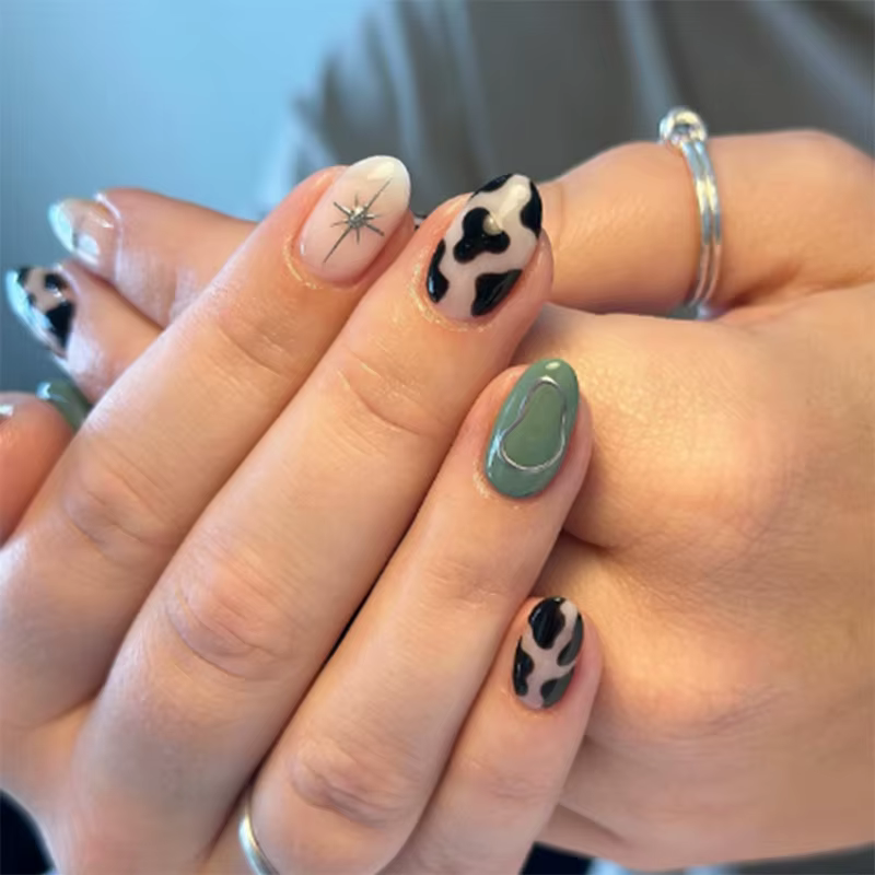 Faux ongles à tête ronde courte, 24 pièces, œil de chat bleu, pointes à pression avec colle gelée, m