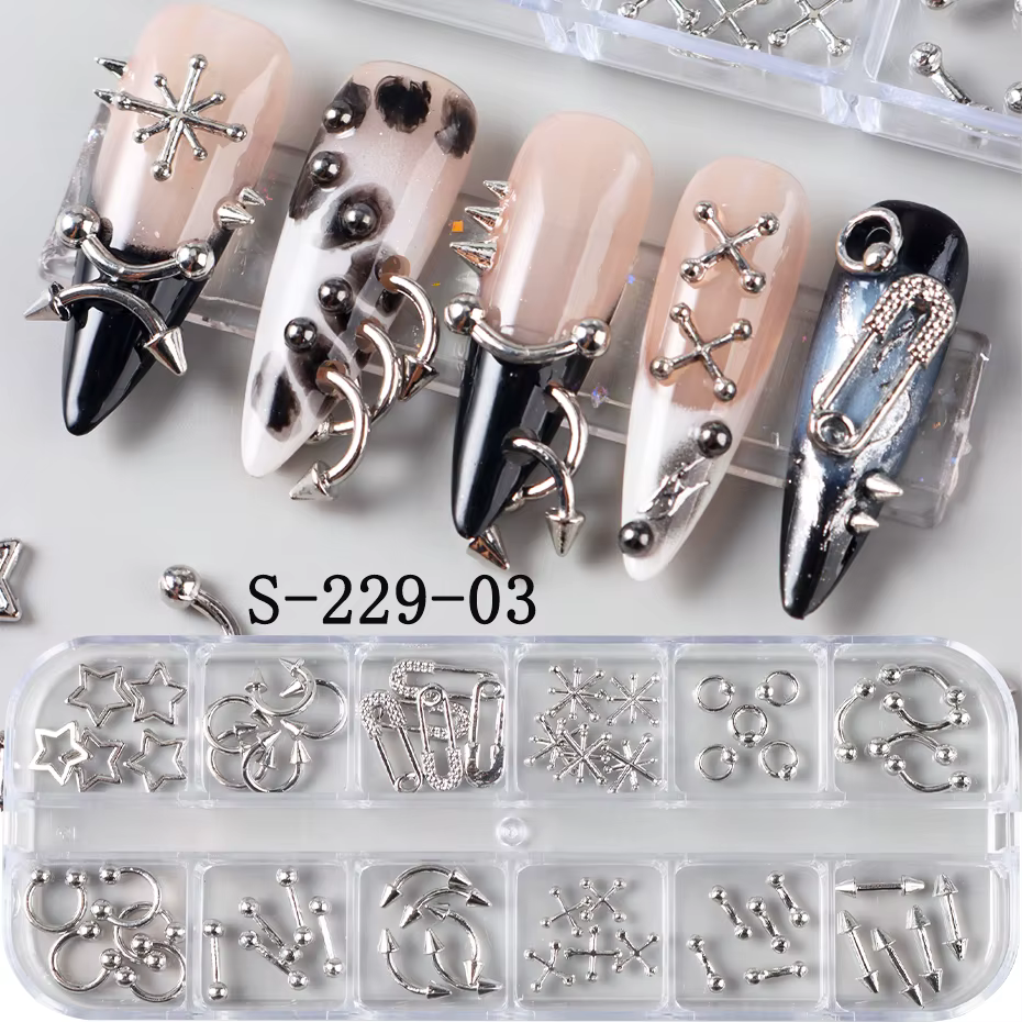 12 grilles Punk argenté gothique Punk breloques pour ongles goujons Rivets en métal alliage Piercing