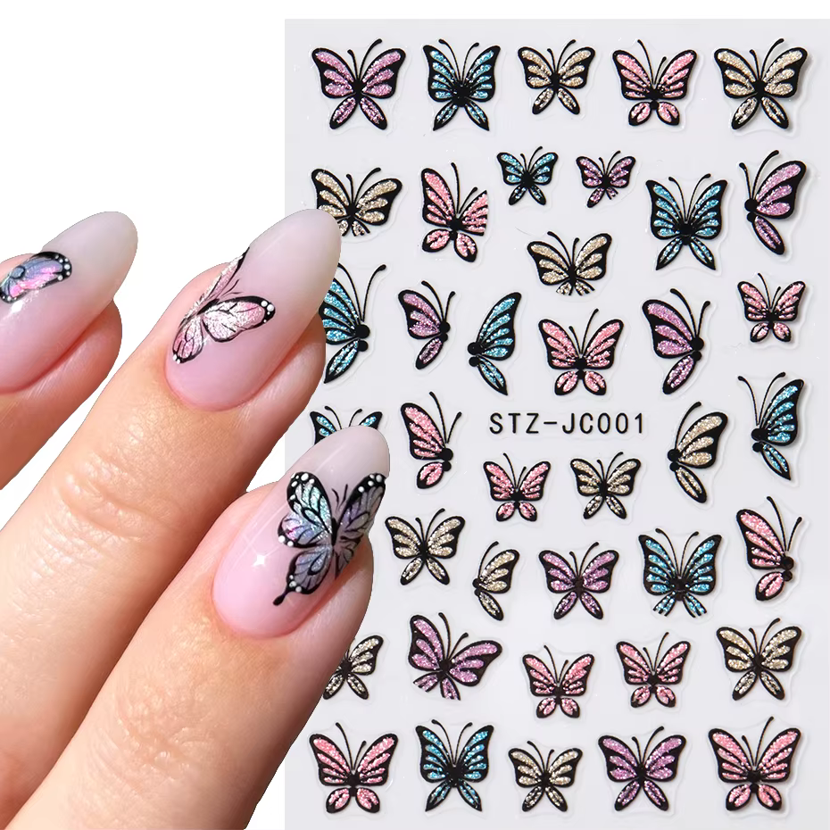 Autocollants pour ongles papillon à paillettes, décalcomanies, breloque 3D, Design bleu brillant ros
