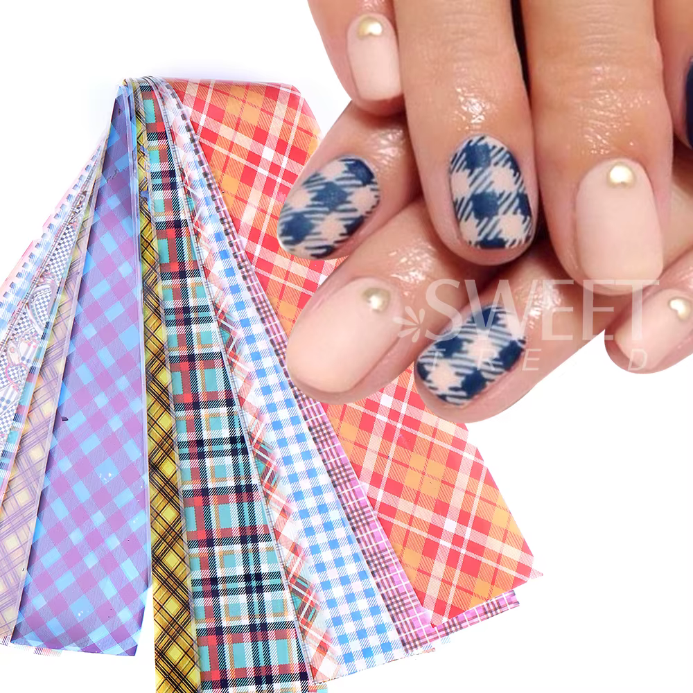 Feuille de transfert pour Nail Art à carreaux, papier de transfert, grille noire et blanche, motif i
