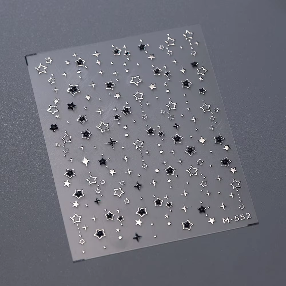 Autocollants pour ongles étoiles de luxe 5D, décalcomanies pour Nail Art, noir et argent, dorure ajo