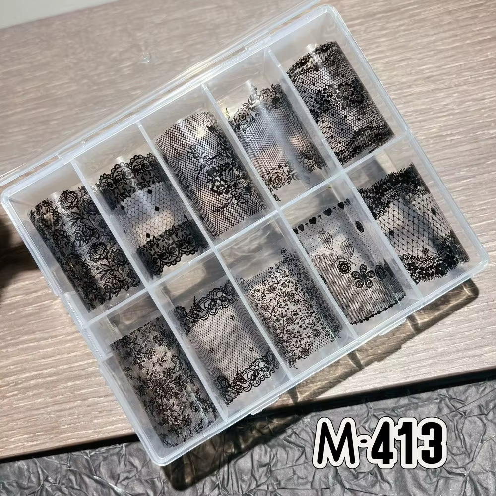 Autocollants pour ongles en dentelle, motif tulipe noir et blanc, effet paillettes, décorations pour