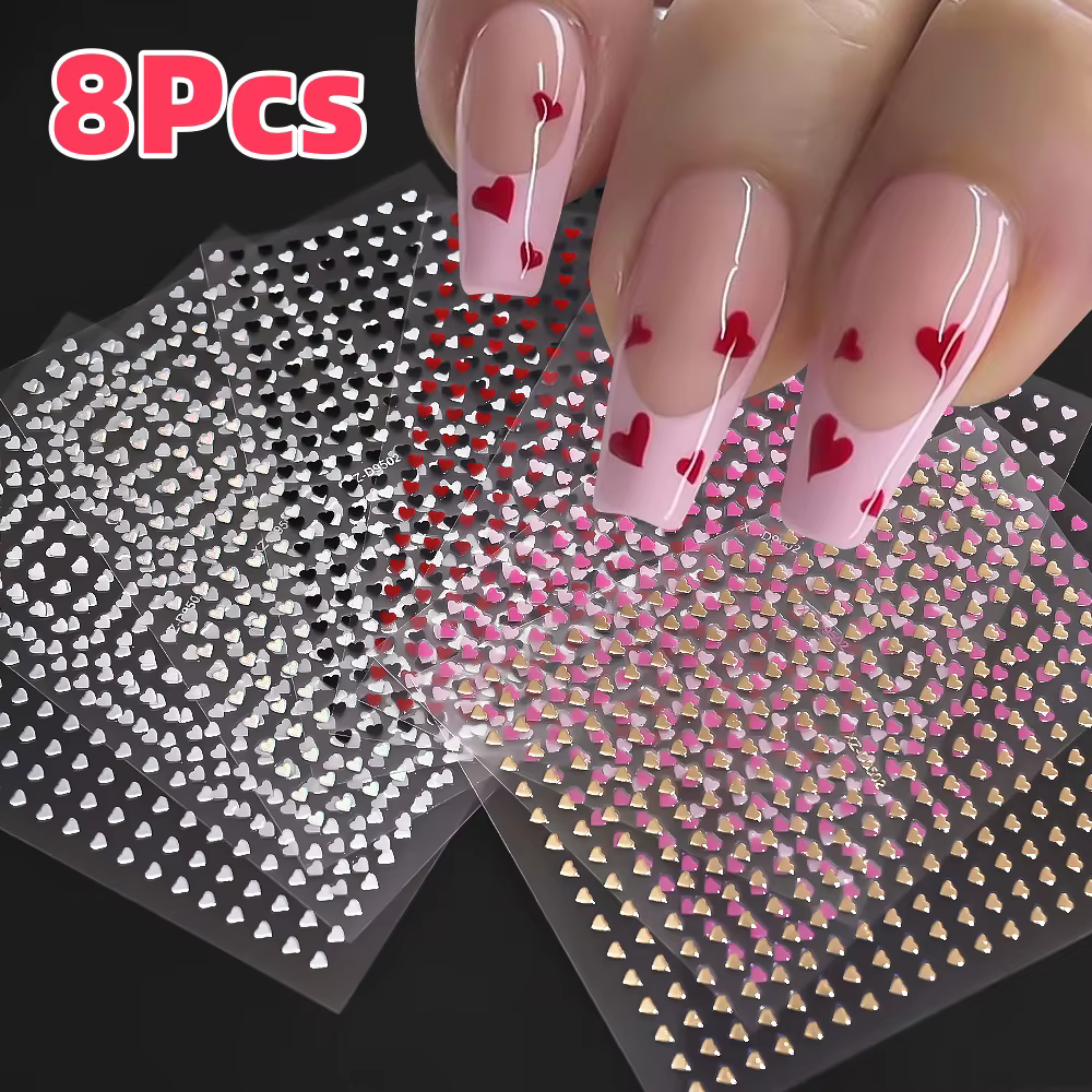 8 couleurs/ensemble 3D amour-coeur ongles autocollants Mini coeurs doux auto-adhésif Nail Art curseu