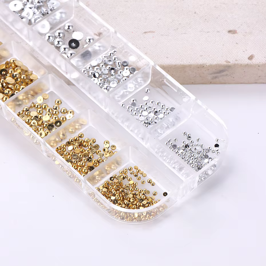 12 grilles de couleurs mélangées or argent plat demi-rond perle ongles pièces Flatback ornement 3D m