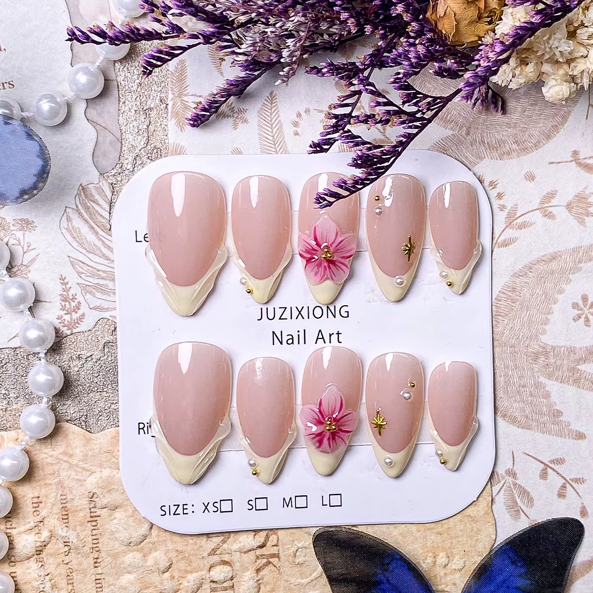 10 pièces de faux ongles press-on floraux jaunes et roses français, faits à la main, élégants, roman