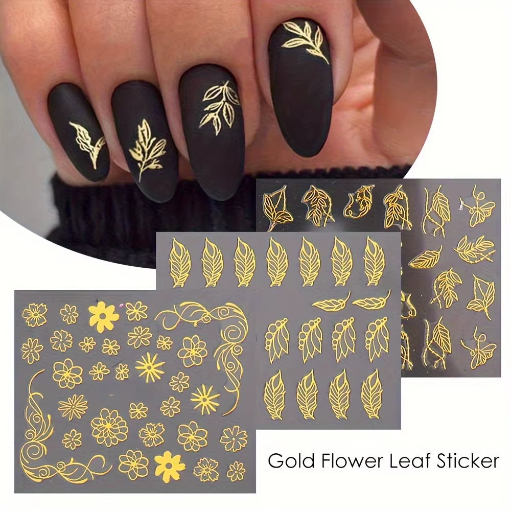 30 feuilles d'autocollants floraux dorés pour Nail Art, motifs de feuilles et de fleurs scintillante