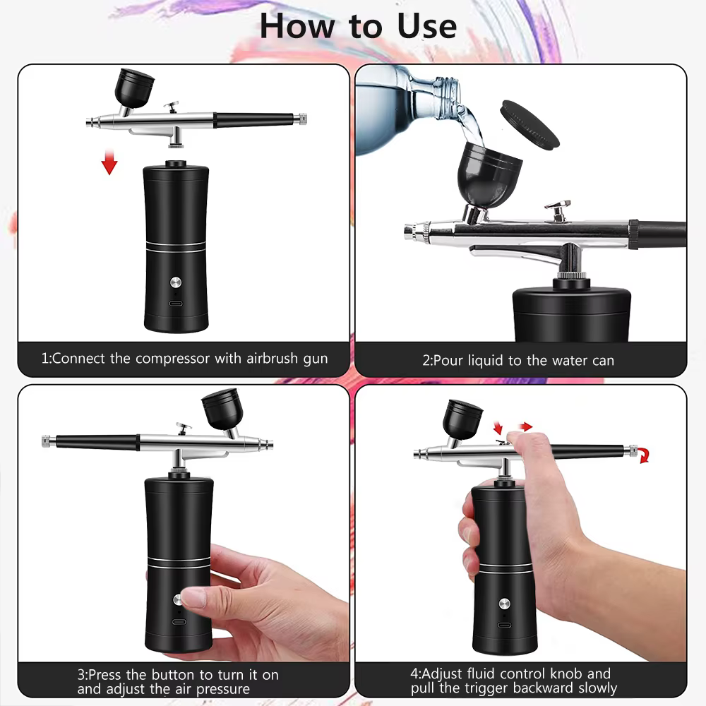 Aérographe avec compresseur pour la peinture des ongles, aérographe portable sans fil, mini pistolet