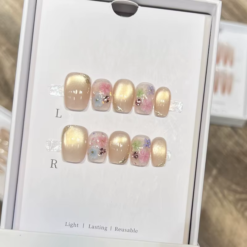 10 pièces de faux ongles faits à la main, collection œil de chat toutes tailles – ongles courts de s
