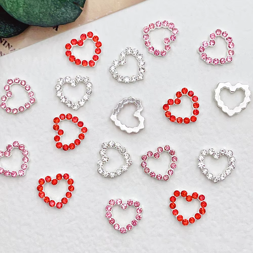 Breloques pour ongles en forme de cœur en métal, 10 pièces, rouge, rose, argent, diamant, pièces pou