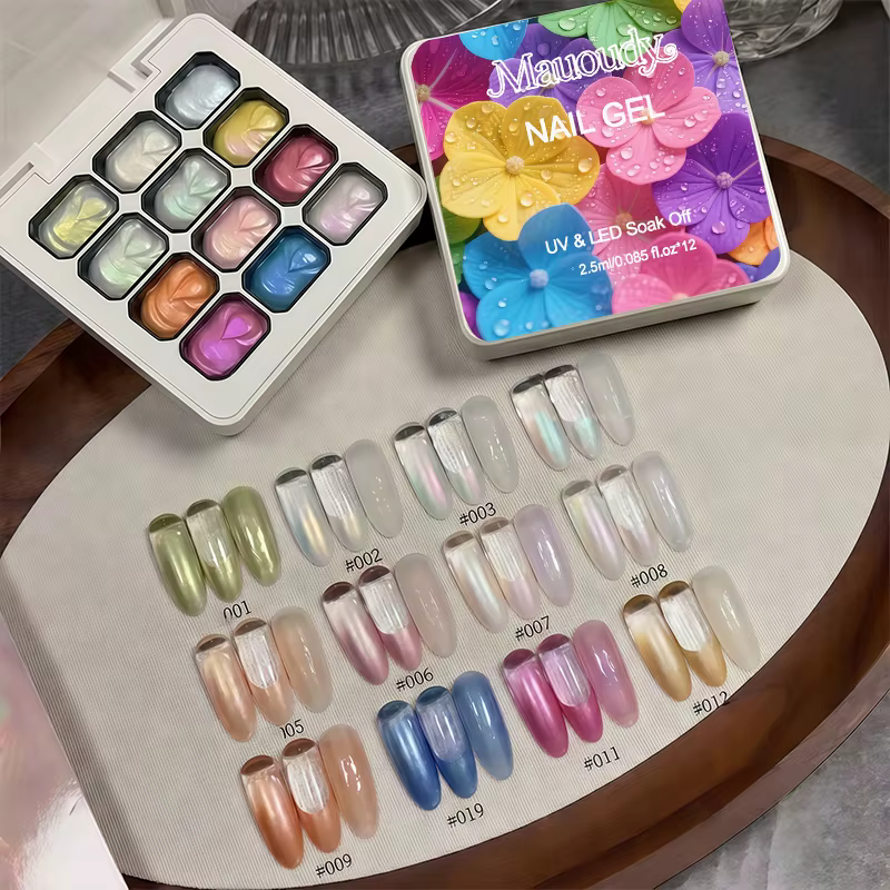 Gel de texture haute brillance pour nail art à l'acide acétique Aurora 12 couleurs, finition satinée