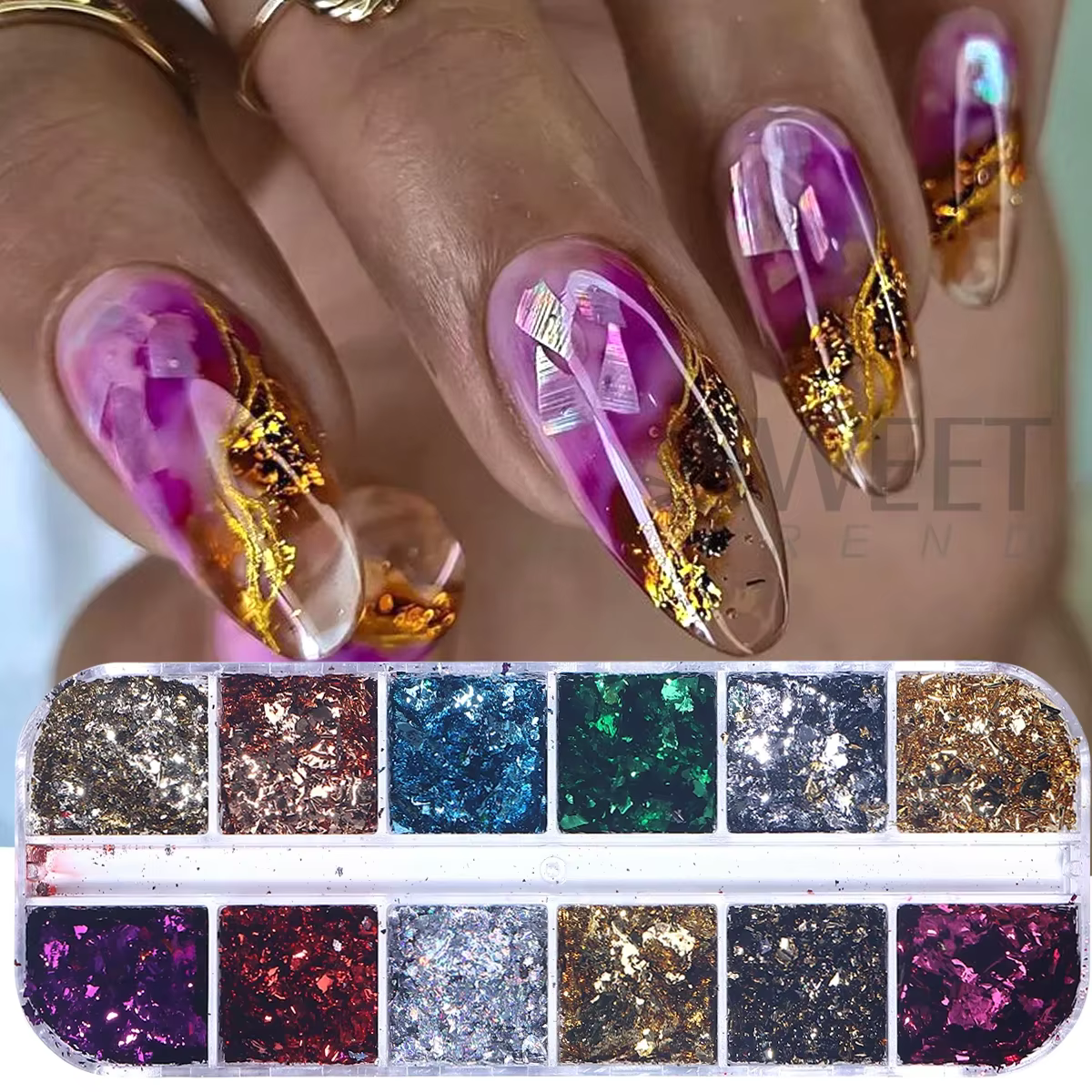 Feuilles d'or Double couleur 12 grilles, magnifiques paillettes pour ongles, scintillantes irréguliè