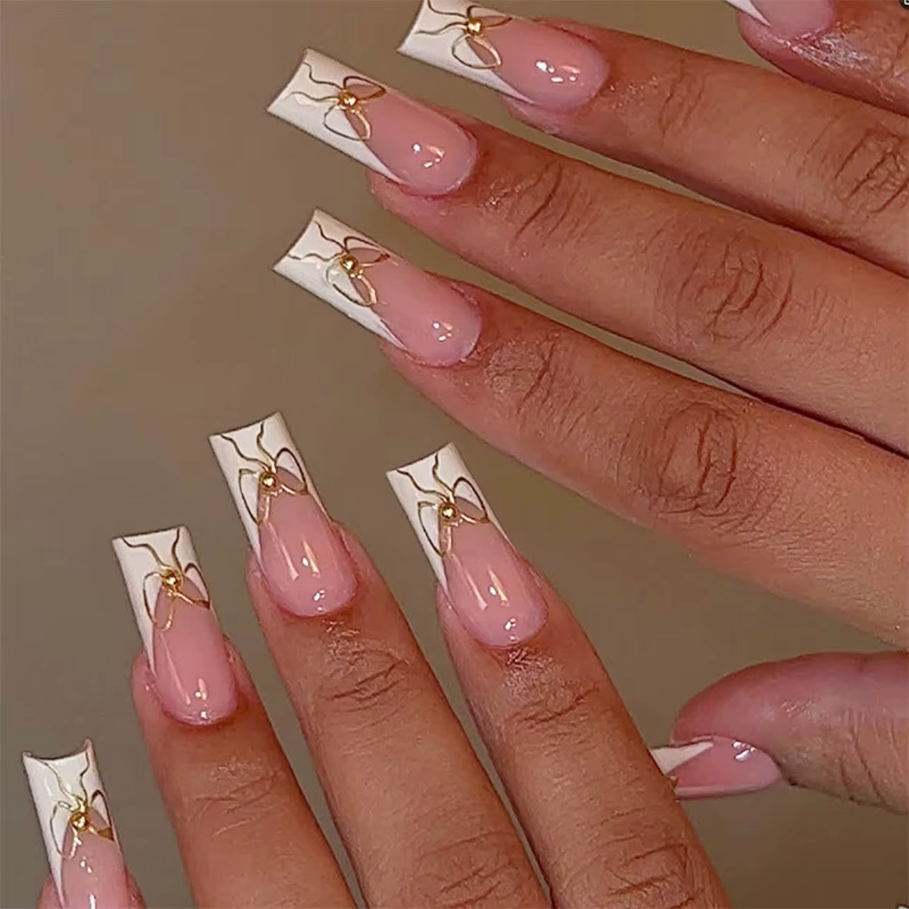 24 faux ongles à presser mi-longs, rose, style français, motif floral, réutilisables, avec perles, p