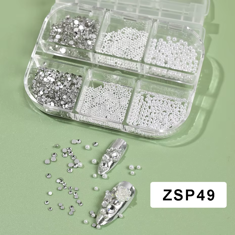 Strass 3D pour Nail Art, 6 grilles, perles rondes blanches, décoration d'ongles, breloques en acier,
