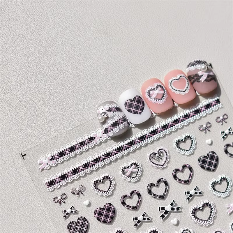 Autocollants en dentelle pour ongles, 1 pièce, motif cœur d'amour, rose, blanc, noir, auto-adhésif, 