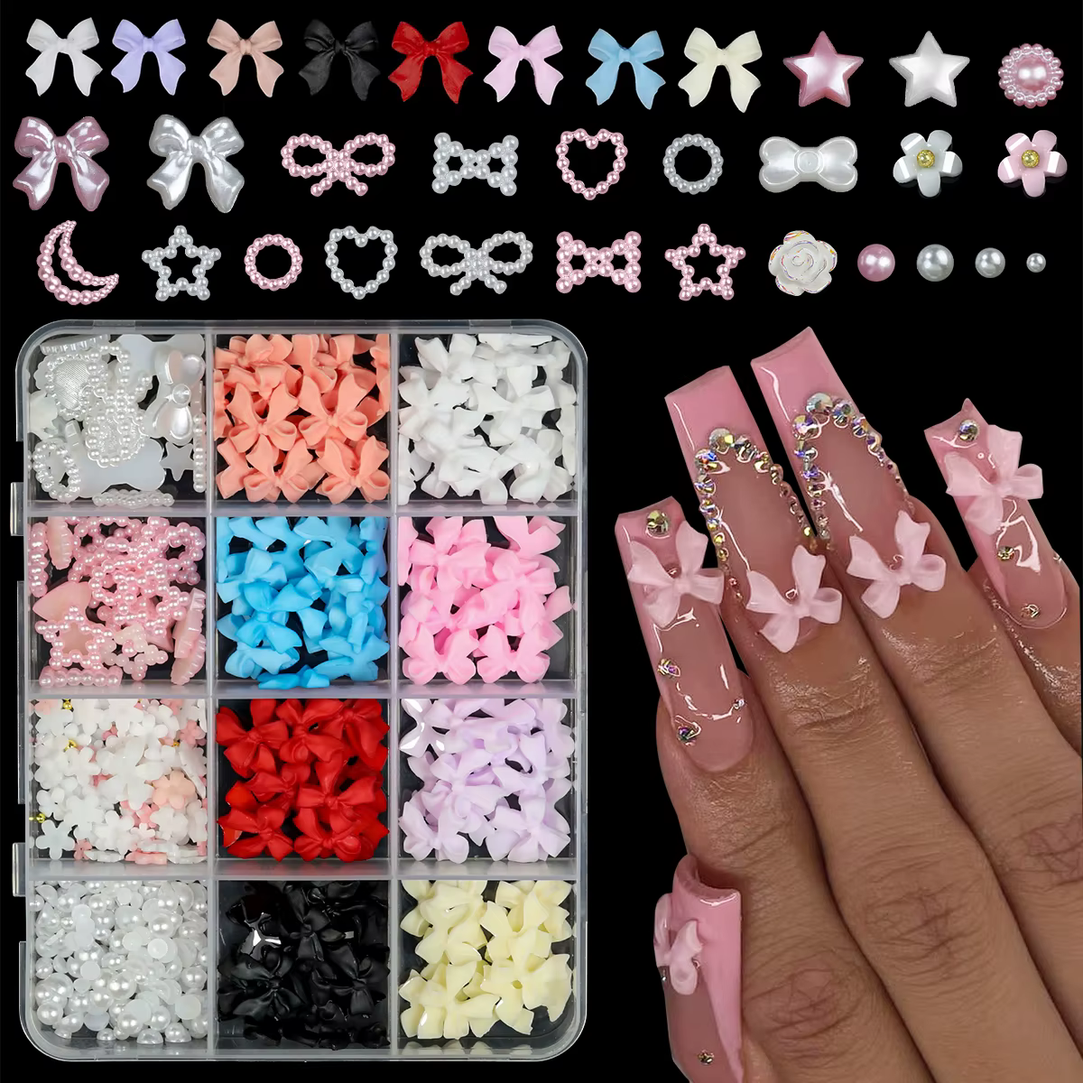 Boîte de 12/15 compartiments de décorations pour ongles en résine, nœuds papillon mixtes, breloques 