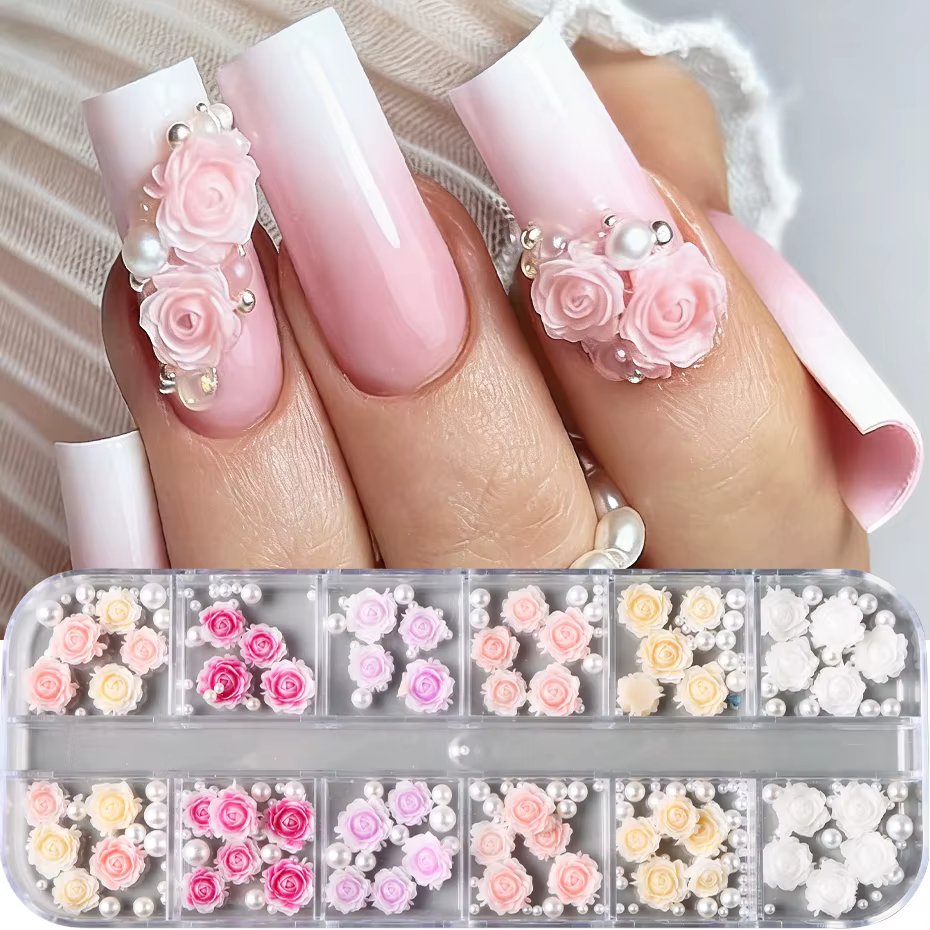 12 Grilles de Breloques pour Ongles en Résine Colorées en Forme de Rose, Élégantes Fleurs de Camélia